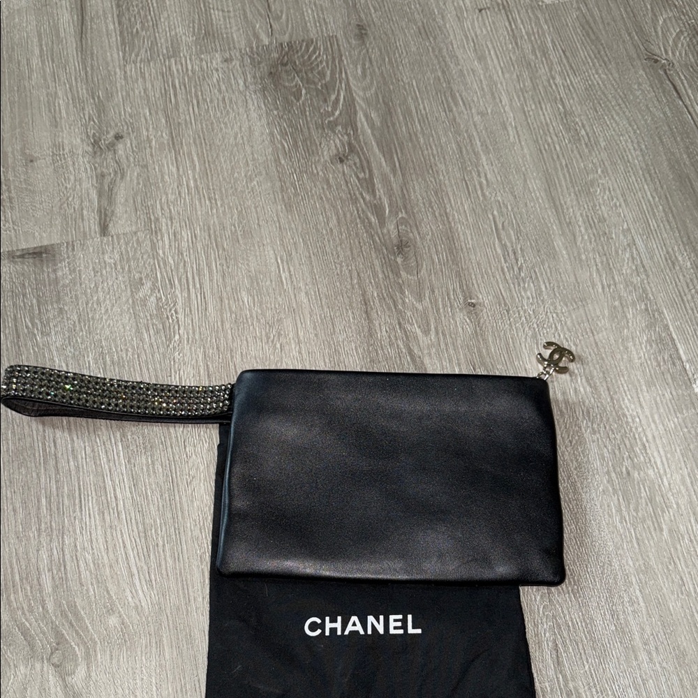 RARE CHANEL Leather Woven Strass Black Checkered Clutch Wristlet Vintage Evening - Picture 7 of 13